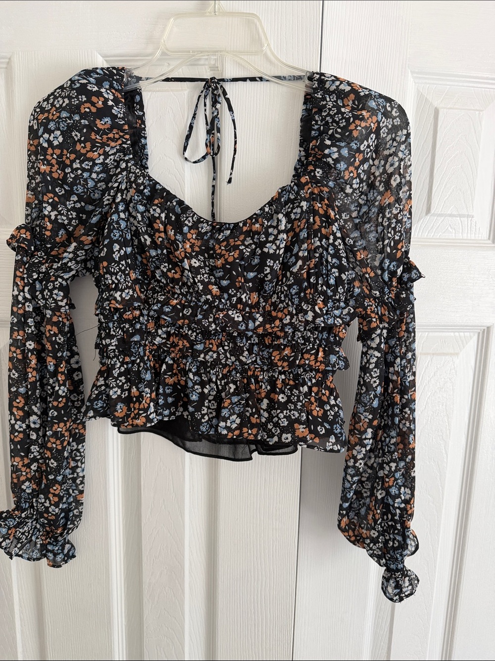 Astr Black Floral Smocked Peplum Blouse with Blue & Brown Flowers